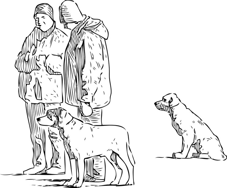 Vector esquema de dibujo de ciudadanos con sus perros dando un paseo