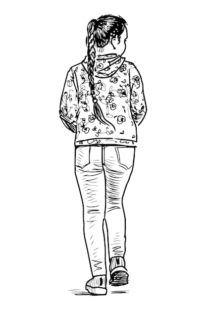 Esquema de dibujo de colegiala adolescente casual con trenza caminando al aire libre