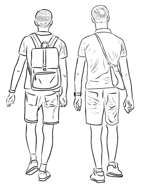 Vector esquema de dibujo de jóvenes ciudadanos caminando por la calle el día de verano