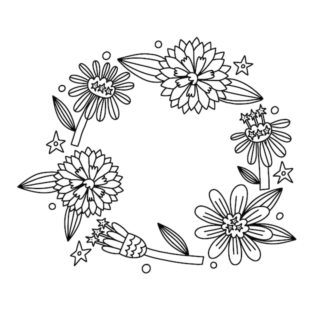 Esquema Flor Zinnia marco de círculo en estilo de dibujo vectorial