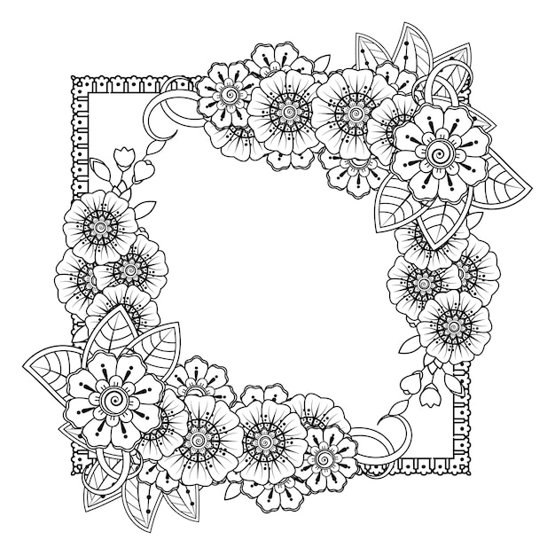 Esquema de flores cuadradas en estilo mehndi. página para colorear.