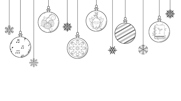 Esquema de garabato negro Línea simple Resumen Maerry Navidad Bolas de Navidad con copos de nieve Decoración navideña