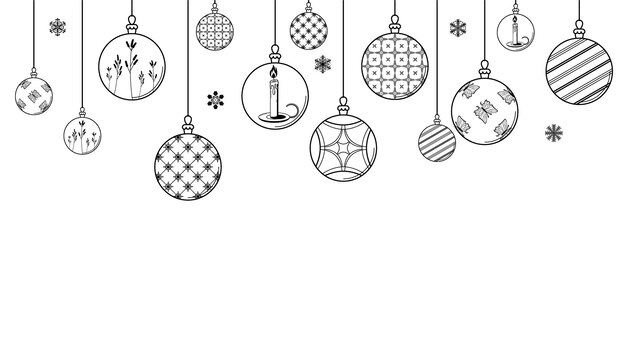 Esquema de garabato negro Línea simple Resumen Maerry Navidad Bolas de Navidad con copos de nieve Vacaciones