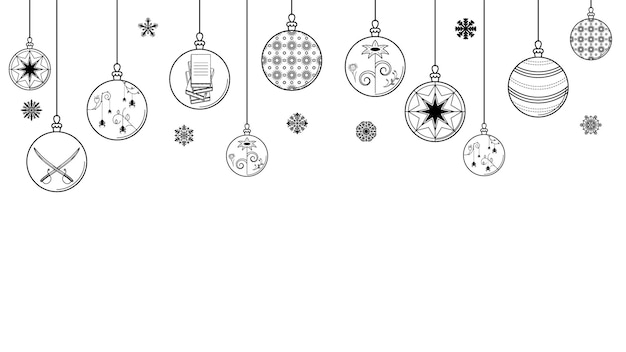 Esquema de garabato negro Línea simple Resumen Maerry Navidad Bolas de Navidad con copos de nieve Vacaciones