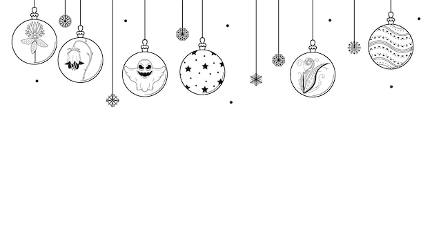 Esquema de garabato negro Línea simple Resumen Maerry Navidad Bolas de Navidad con copos de nieve Vacaciones