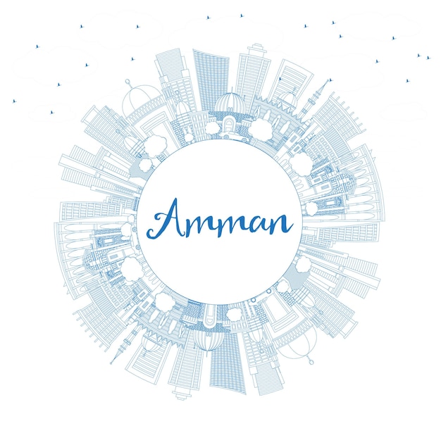 Esquema del horizonte de amman jordan con edificios azules y copie el espacio. ilustración de vector. concepto de turismo y viajes de negocios con arquitectura moderna. paisaje urbano de amman con hitos.