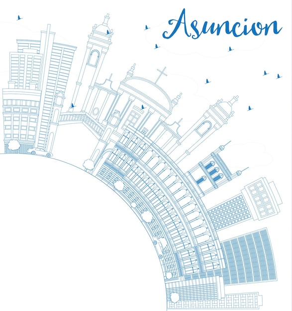 Esquema del horizonte de asunción con edificios azules y copie el espacio. ilustración de vector. concepto de turismo y viajes de negocios con arquitectura moderna. imagen para el cartel de presentación y el sitio web.