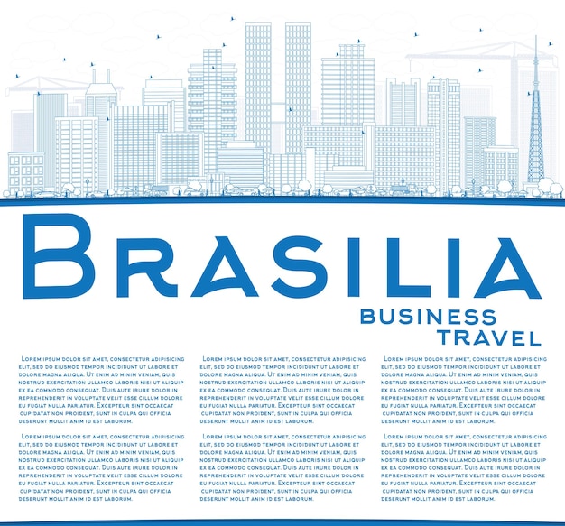 Esquema del horizonte de brasilia con edificios azules y copie el espacio. ilustración de vector. concepto de turismo y viajes de negocios con arquitectura moderna. imagen para el cartel de presentación y el sitio web.