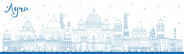 Vector esquema del horizonte de la ciudad de agra india con edificios azules ilustración vectorial concepto de turismo y viajes de negocios con arquitectura histórica paisaje urbano de agra uttar pradesh con puntos de referencia