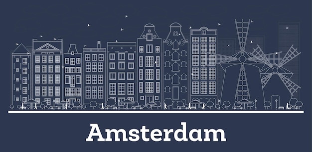 Esquema del horizonte de la ciudad de Amsterdam Holanda República con edificios blancos. Ilustración de vector. Viajes de negocios y concepto con arquitectura moderna. Paisaje urbano de Amsterdam con hitos.