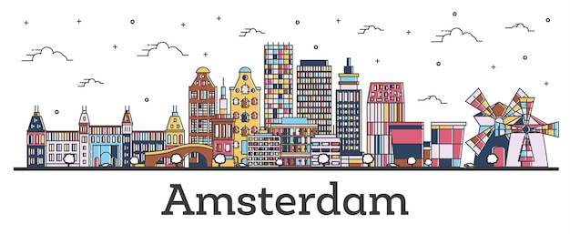 Esquema del horizonte de la ciudad de amsterdam países bajos con edificios de colores aislados en blanco. ilustración de vector. paisaje urbano de amsterdam con hitos.