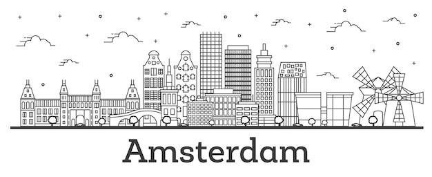 Esquema del horizonte de la ciudad de Amsterdam Países Bajos con edificios históricos aislados en blanco. Ilustración de vector. Paisaje urbano de Amsterdam con hitos.