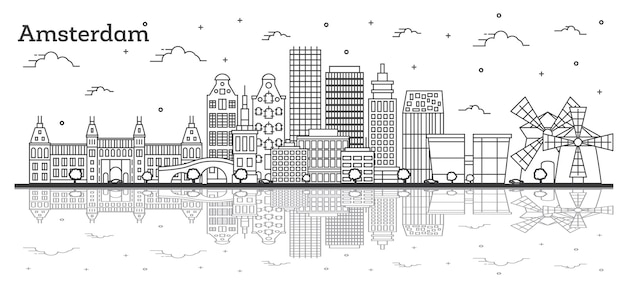 Esquema del horizonte de la ciudad de Amsterdam Países Bajos con edificios históricos y reflejos aislados en blanco. Ilustración de vector. Paisaje urbano de Amsterdam con hitos.