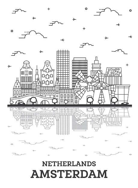 Esquema del horizonte de la ciudad de Ámsterdam, Países Bajos, con edificios históricos y reflejos aislados en blanco