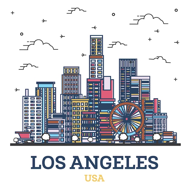 Esquema del horizonte de la ciudad de Los Ángeles California con edificios modernos de colores aislados en blanco