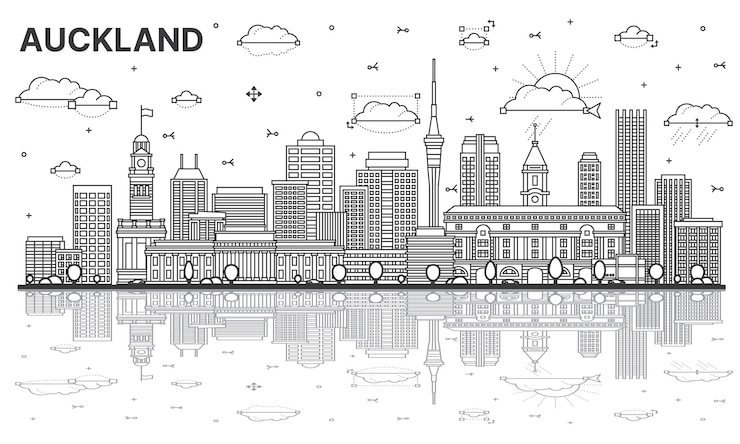 Vector esquema del horizonte de la ciudad de auckland nueva zelanda con edificios modernos y reflejos aislados en blanco ilustración vectorial paisaje urbano de auckland con puntos de referencia