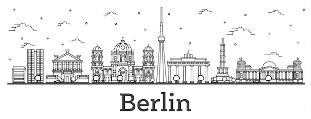 Esquema del horizonte de la ciudad de Berlín Alemania con edificios históricos aislados en blanco. Ilustración de vector. Paisaje urbano de Berlín con hitos.