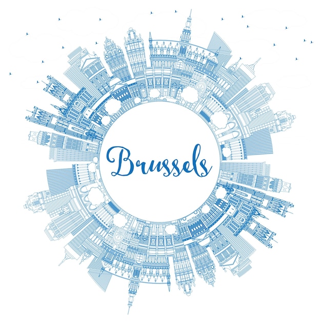 Vector esquema del horizonte de la ciudad de bruselas bélgica con edificios azules y espacio de copia