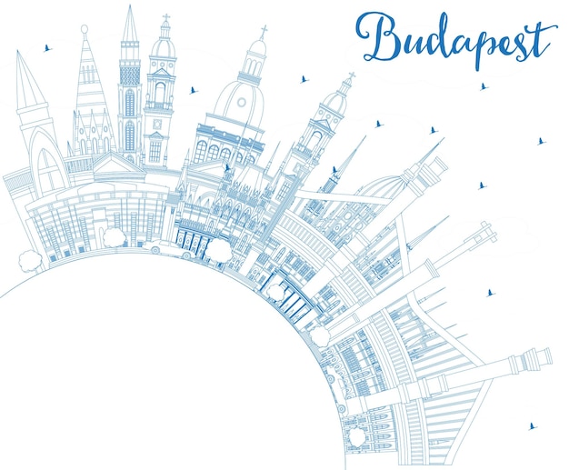 Esquema del horizonte de la ciudad de budapest hungría con edificios azules y espacio de copia ilustración vectorial concepto de turismo y viajes de negocios con arquitectura histórica paisaje urbano de budapest con puntos de referencia