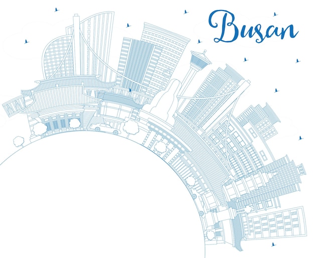 Esquema del horizonte de la ciudad de busan corea del sur con edificios azules y espacio de copia ilustración vectorial viajes de negocios y concepto de turismo con arquitectura histórica y moderna paisaje urbano de busan con puntos de referencia