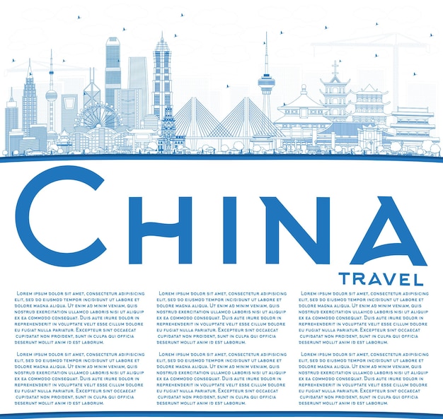 Esquema del horizonte de la ciudad de China con espacio de copia. Monumentos famosos en China. Ilustración de vector. Concepto de turismo y viajes de negocios. Imagen para presentación, banner, cartel y sitio web.
