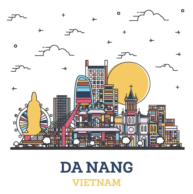 Vector esquema del horizonte de la ciudad de da nang vietnam con edificios históricos de colores aislados en blanco