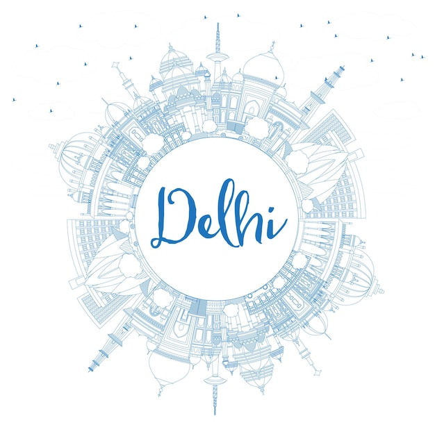 Esquema del horizonte de la ciudad de delhi india con edificios azules con espacio de copia. ilustración de vector. concepto de turismo y viajes de negocios con arquitectura histórica. paisaje urbano de delhi con hitos.