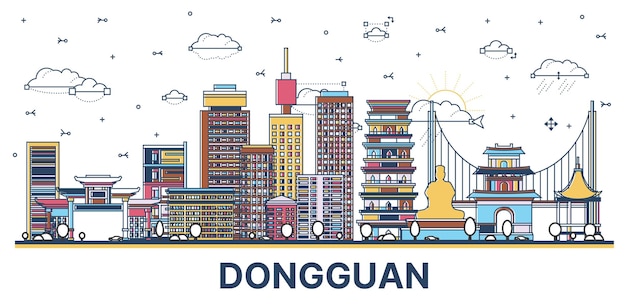 Vector esquema del horizonte de la ciudad de dongguan china con edificios históricos y modernos de colores aislados en la ilustración vectorial blanca