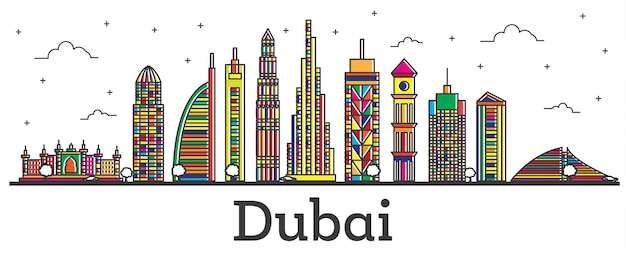 Esquema del horizonte de la ciudad de Dubai, Emiratos Árabes Unidos con edificios de colores aislados en blanco. Ilustración de vector. Línea arte paisaje urbano de Dubai con hitos.