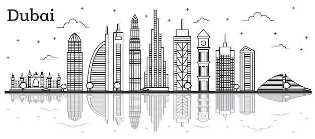 Esquema del horizonte de la ciudad de Dubai, Emiratos Árabes Unidos con edificios modernos y reflejos aislados en blanco. Ilustración de vector. Línea arte paisaje urbano de Dubai con hitos.