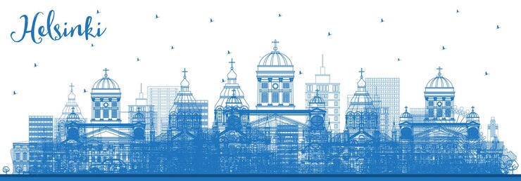 Vector esquema del horizonte de la ciudad de helsinki finlandia con edificios azules