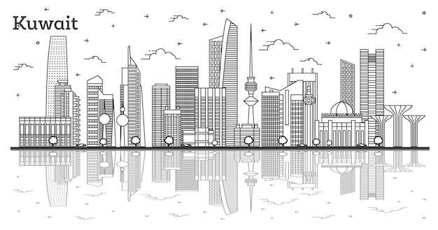 Esquema del horizonte de la ciudad de Kuwait con edificios modernos y reflejos aislados en blanco. Ilustración de vector. Paisaje urbano de Kuwait con hitos.