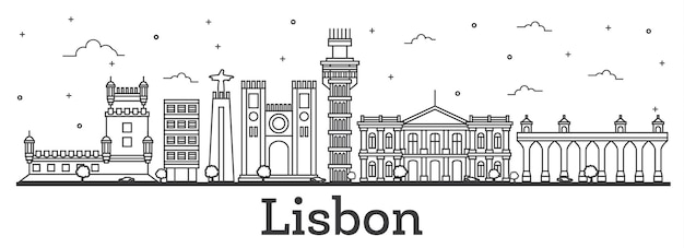Esquema del horizonte de la ciudad de Lisboa Portugal con edificios históricos aislados en blanco. Ilustración de vector. Paisaje urbano de Lisboa con hitos.
