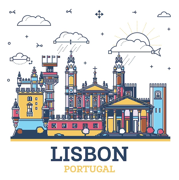 Vector esquema del horizonte de la ciudad de lisboa portugal con edificios históricos y modernos de colores aislados en el paisaje urbano blanco de lisboa con monumentos