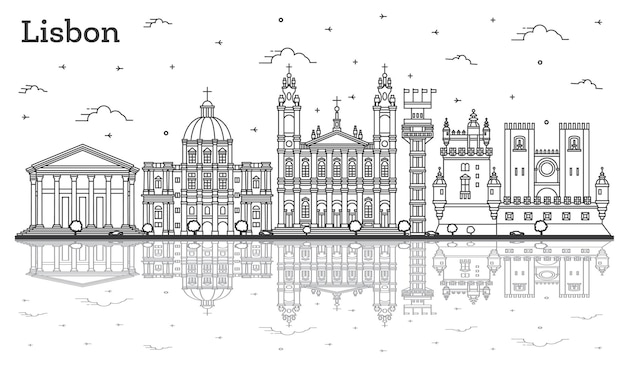Esquema del horizonte de la ciudad de Lisboa Portugal con edificios históricos y reflejos aislados en blanco