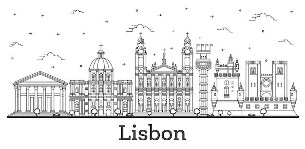 Esquema del horizonte de la ciudad de Lisboa Portugal con edificios históricos y reflejos aislados en blanco