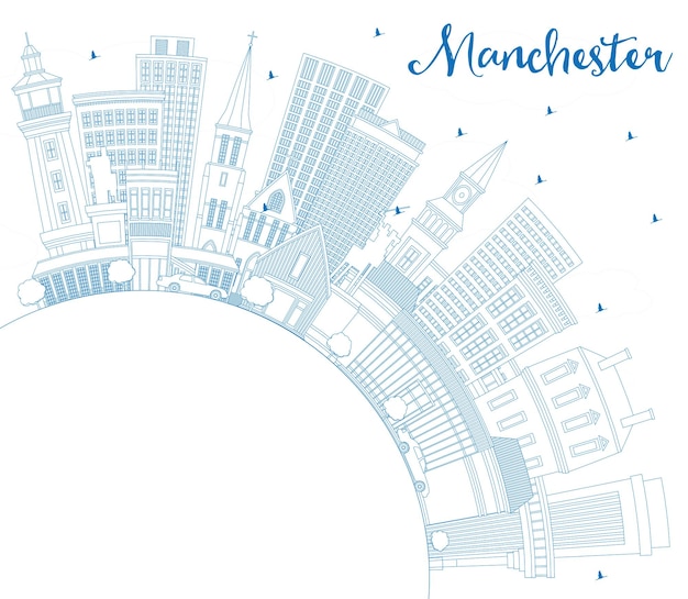 Esquema del horizonte de la ciudad de Manchester New Hampshire con edificios azules y espacio de copia