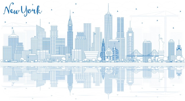 Esquema del horizonte de la ciudad de nueva york, estados unidos, con edificios azules y reflejos. ilustración de vector. concepto de turismo y viajes de negocios con arquitectura moderna. paisaje urbano de nueva york con hitos.