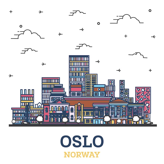 Vector esquema del horizonte de la ciudad de oslo noruega con modernos edificios de colores aislados en blanco