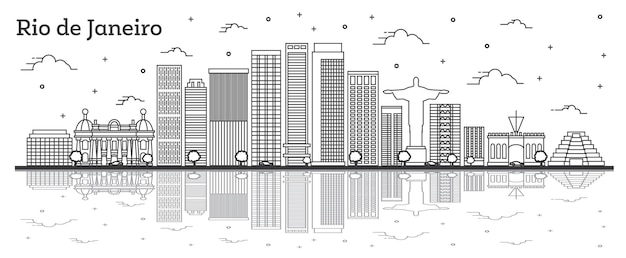 Esquema del horizonte de la ciudad de río de janeiro brasil con edificios modernos y reflejos aislados en blanco. ilustración de vector. paisaje urbano de río de janeiro con hitos.