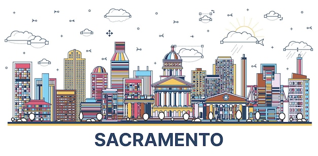 Vector esquema del horizonte de la ciudad de sacramento california con edificios modernos e históricos de colores aislados en blanco ilustración vectorial paisaje urbano de sacramento usa con puntos de referencia