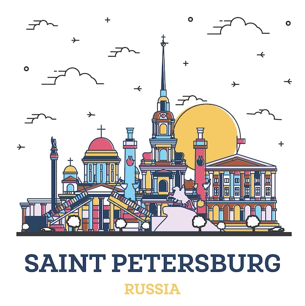 Esquema del horizonte de la ciudad de San Petersburgo Rusia con edificios históricos de colores aislados en blanco