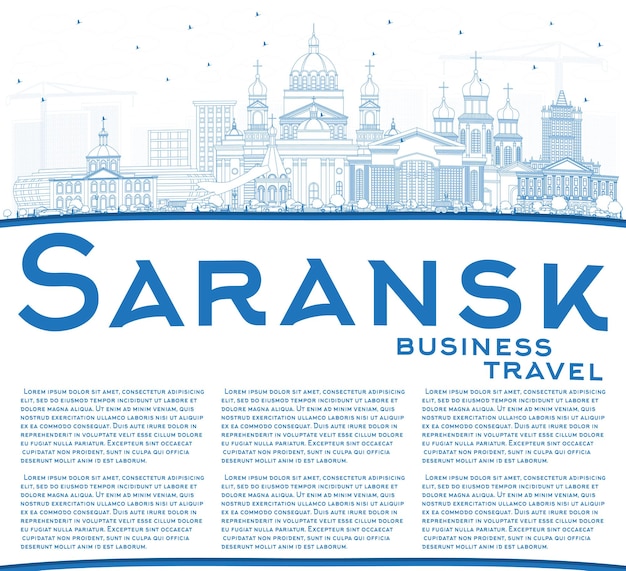 Vector esquema del horizonte de la ciudad de saransk rusia con edificios azules y copie el espacio. concepto de turismo y viajes de negocios con arquitectura moderna. paisaje urbano de saransk con hitos.