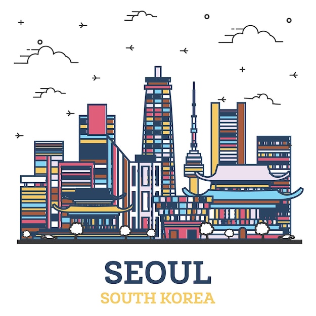 Esquema del horizonte de la ciudad de Seúl Corea del Sur con edificios modernos de colores aislados en blanco