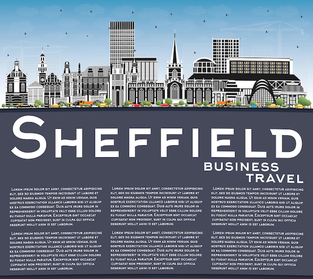 Vector esquema del horizonte de la ciudad de sheffield reino unido con edificios azules y espacio de copia