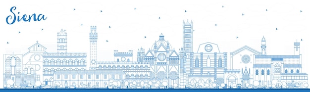 Esquema del horizonte de la ciudad de Siena Toscana Italia con edificios azules. Ilustración de vector. Viajes de negocios y concepto con arquitectura histórica. Paisaje urbano de Siena con hitos.