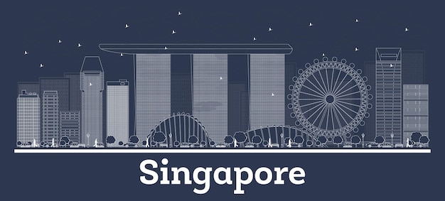 Vector esquema del horizonte de la ciudad de singapur con edificios blancos. ilustración de vector. viajes de negocios y concepto con arquitectura moderna. paisaje urbano de singapur con hitos.