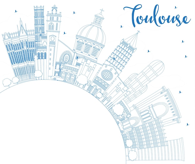 Esquema del horizonte de la ciudad de Toulouse Francia con edificios azules y espacio de copia Ilustración vectorial Concepto de turismo y viajes de negocios con arquitectura histórica Paisaje urbano de Toulouse con puntos de referencia