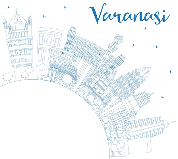 Esquema del horizonte de la ciudad de Varanasi India con edificios azules y copie el espacio. Ilustración de vector. Concepto de turismo y viajes de negocios con arquitectura histórica. Paisaje urbano de Varanasi con hitos.