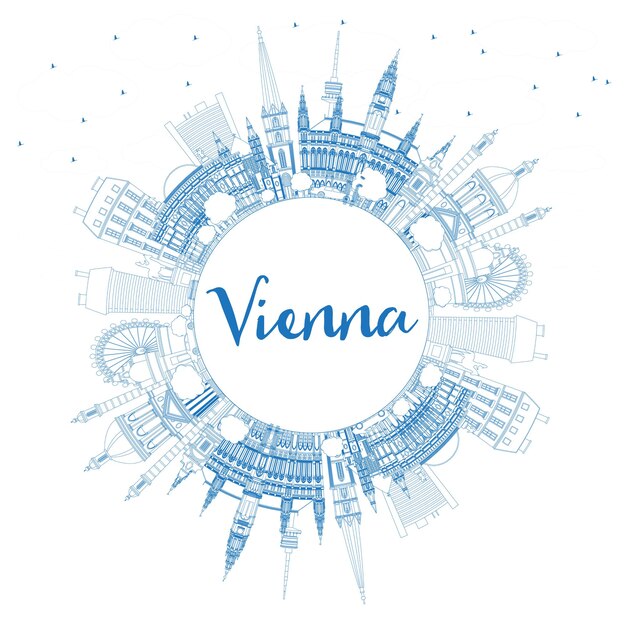 Esquema del horizonte de la ciudad de viena austria con edificios azules y copie el espacio. ilustración de vector. concepto de turismo y viajes de negocios con arquitectura histórica. paisaje urbano de viena con hitos.